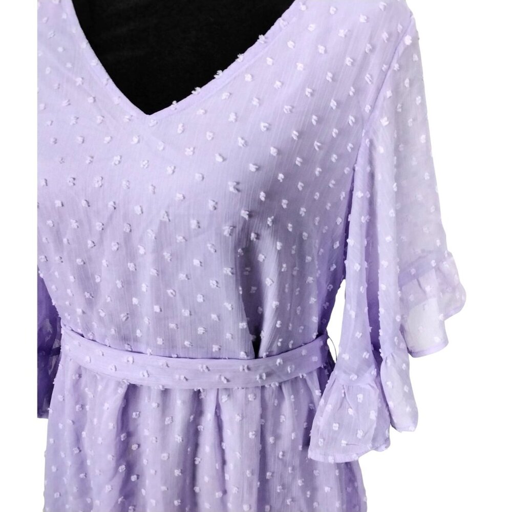 Missky Womens Size S Lavender Swiss Dot V-Neck Dress Ruffle Sleeves & Tie Waist - Picture 4 of 6